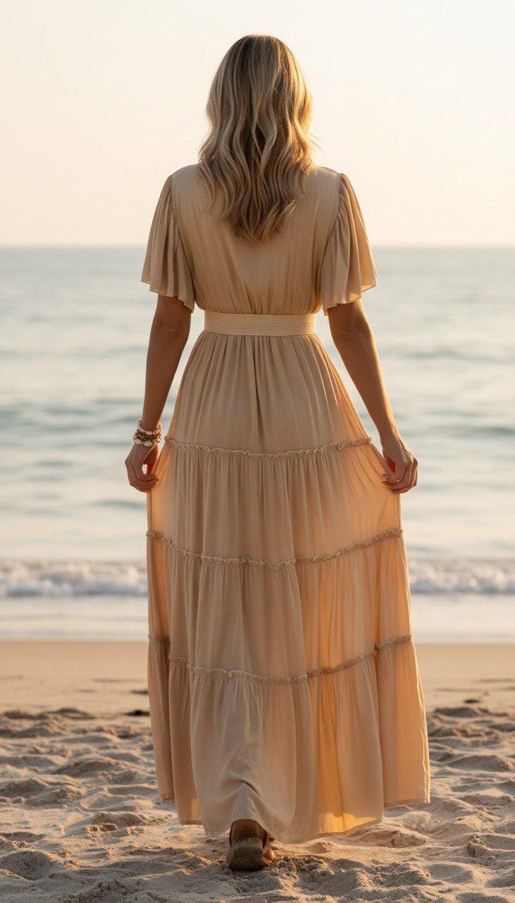Beige Boho Maxi Dress, Lace Tiered Summer Dress, V Neck Flowy Beach Dress, Cottagecore Maxi Dress, Resort Vacation Outfit.