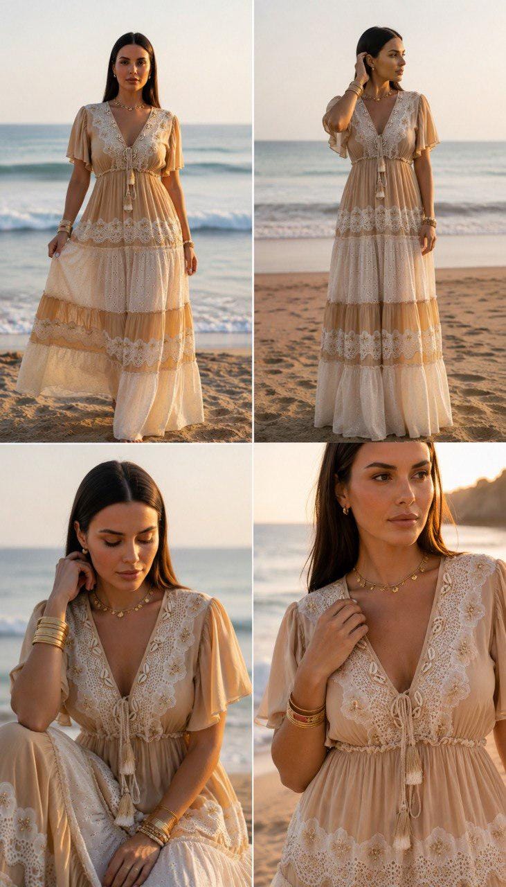Beige Boho Maxi Dress, Lace Tiered Summer Dress, V Neck Flowy Beach Dress, Cottagecore Maxi Dress, Resort Vacation Outfit.
