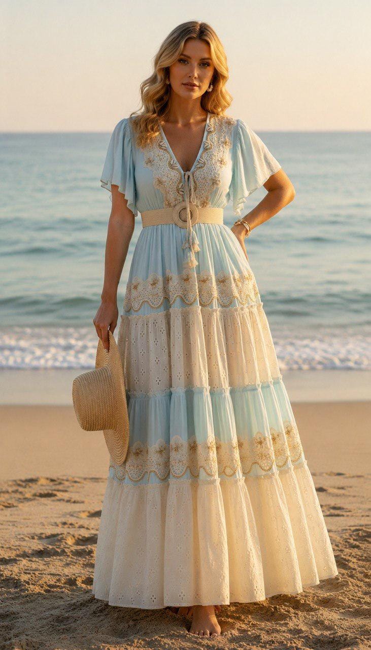 Boho Beach Maxi Dress, Blue Lace Summer Dress, Ibiza Style Maxi Dress, Cottagecore Dress, Romantic Vacation Dress, Bohemian Wedding Guest.