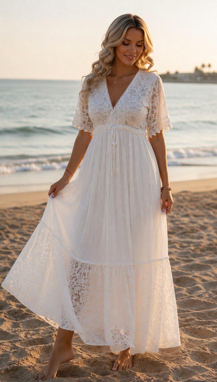 White Lace Bohemian Maxi Dress | V Neck Flowy Summer Dress | Rustic Wedding Guest Dress, Bohemian White Dress, Boho Wedding Dress.