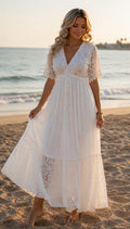 White Lace Bohemian Maxi Dress | V Neck Flowy Summer Dress | Rustic Wedding Guest Dress, Bohemian White Dress, Boho Wedding Dress.