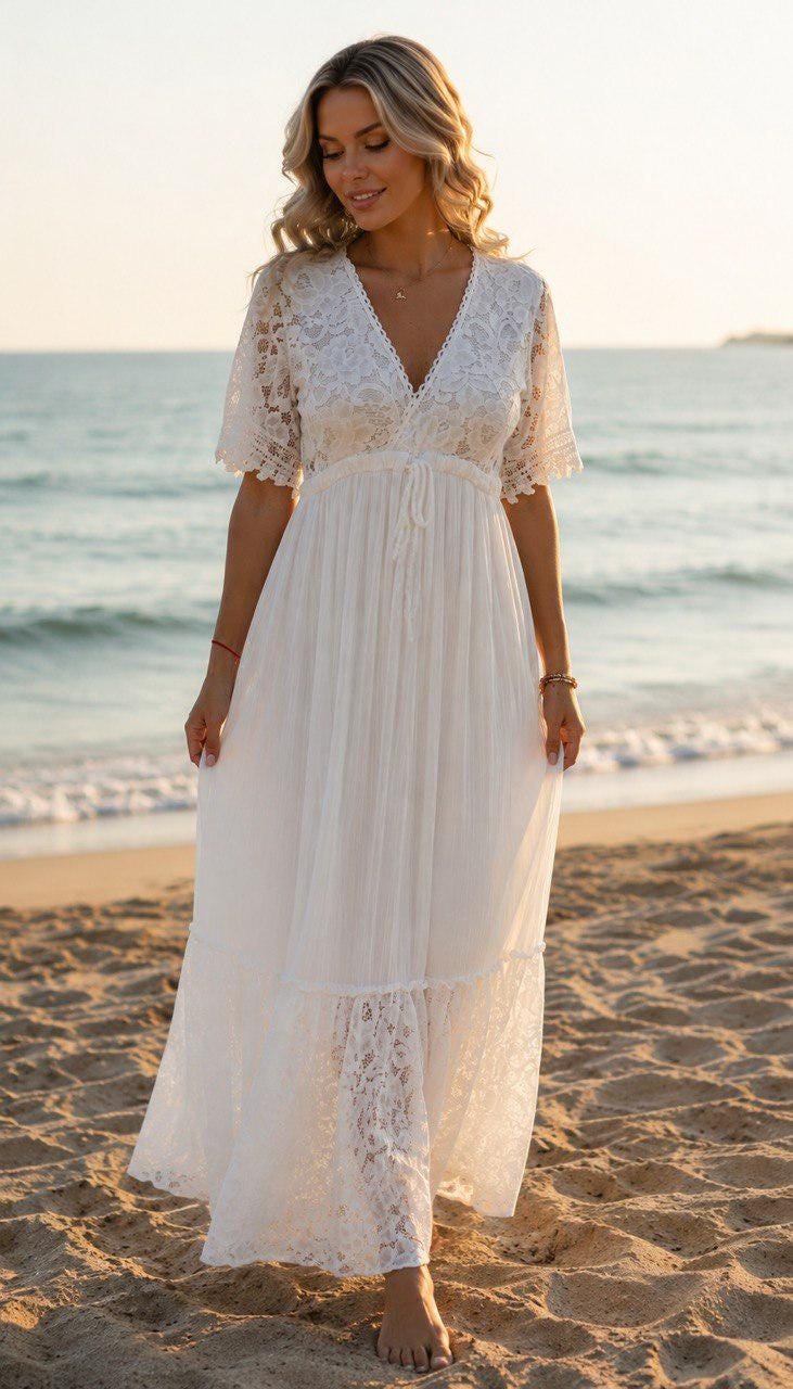 White Lace Bohemian Maxi Dress | V Neck Flowy Summer Dress | Rustic Wedding Guest Dress, Bohemian White Dress, Boho Wedding Dress.