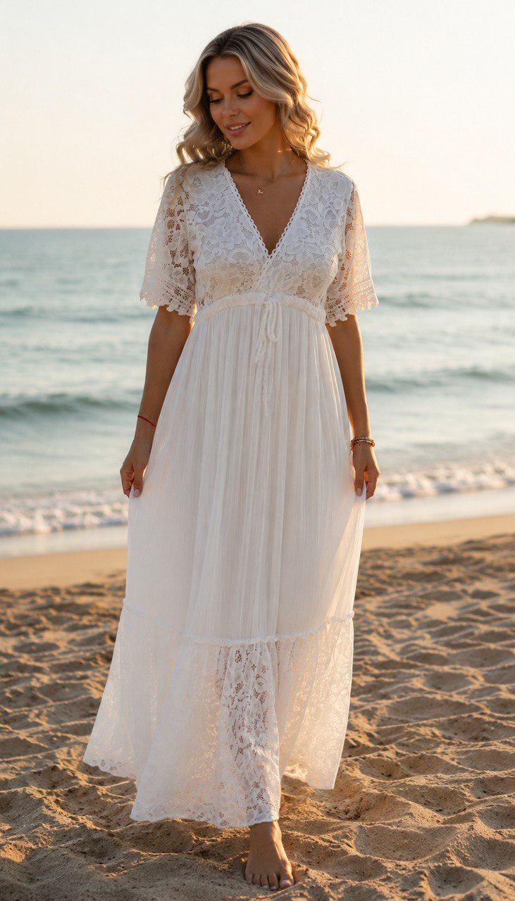 Beige Lace Bohemian Maxi Dress | V Neck Flowy Summer Dress | Rustic Wedding Guest Dress, Bohemian White Dress, Boho Wedding Dress.