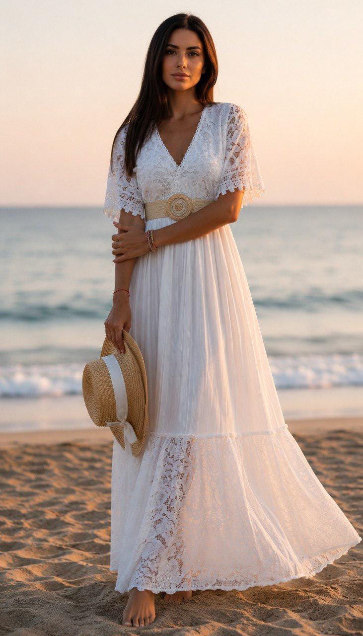 White Lace Bohemian Maxi Dress | V Neck Flowy Summer Dress | Rustic Wedding Guest Dress, Bohemian White Dress, Boho Wedding Dress.