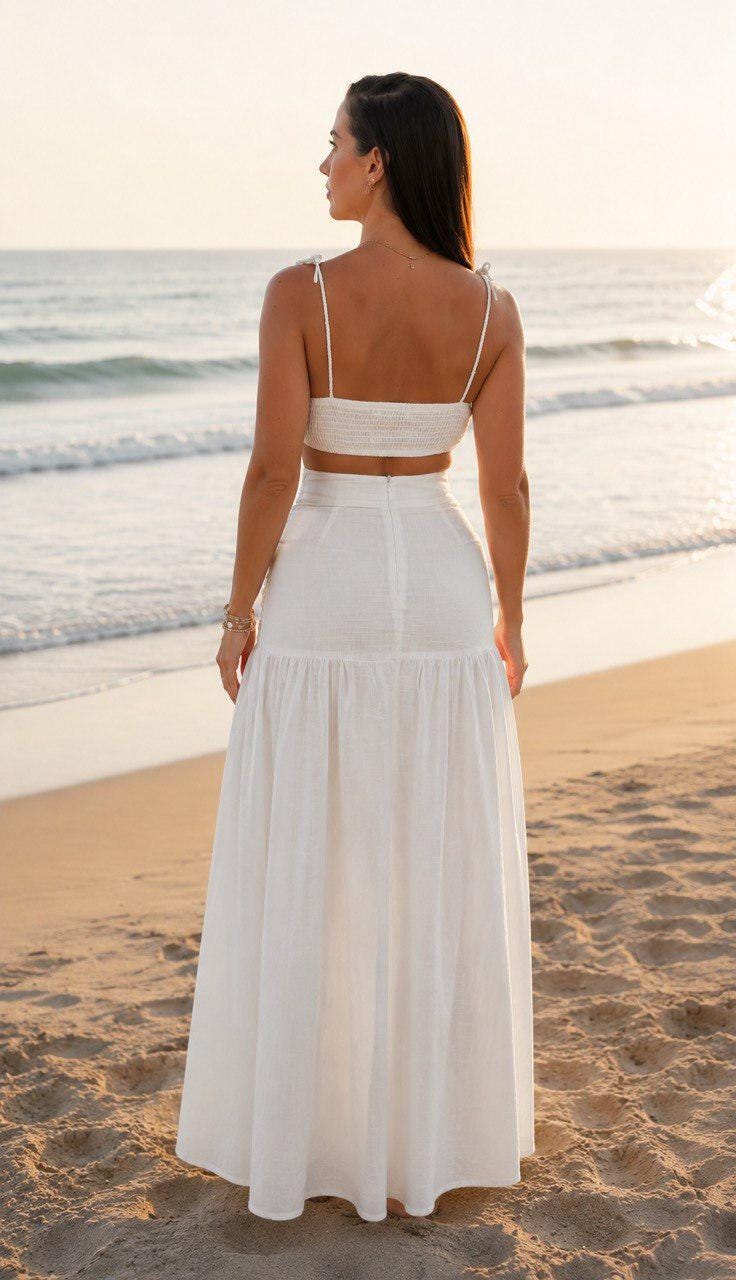 White Two Piece Set for Women, Boho Beach Outfit, Crop Top and Maxi Skirt Set, Resort Wear, Summer Vacation Outfit, Ibiza Co Ord Set.