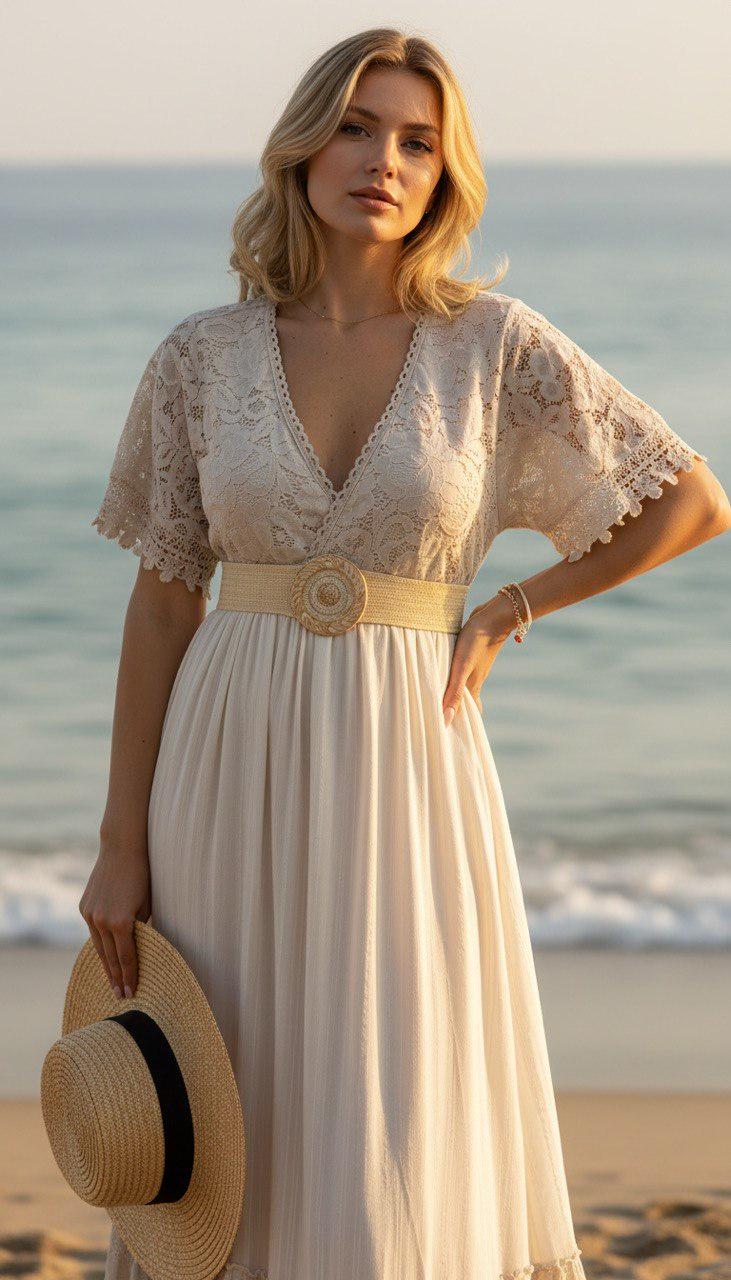 White Lace Bohemian Maxi Dress | V Neck Flowy Summer Dress | Rustic Wedding Guest Dress, Bohemian White Dress, Boho Wedding Dress.