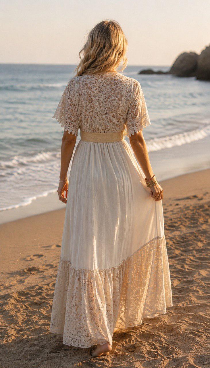 Beige Lace Bohemian Maxi Dress | V Neck Flowy Summer Dress | Rustic Wedding Guest Dress, Bohemian White Dress, Boho Wedding Dress.
