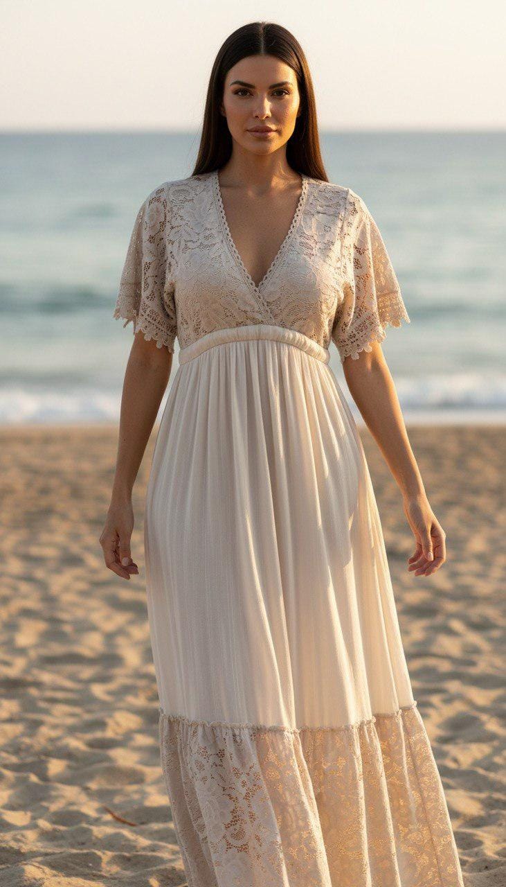 Beige Lace Bohemian Maxi Dress | V Neck Flowy Summer Dress | Rustic Wedding Guest Dress, Bohemian White Dress, Boho Wedding Dress.