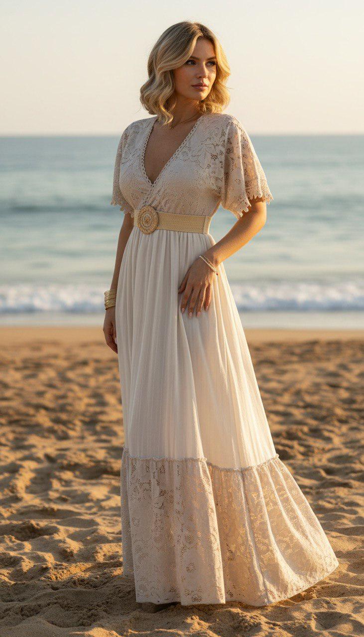 Beige Lace Bohemian Maxi Dress | V Neck Flowy Summer Dress | Rustic Wedding Guest Dress, Bohemian White Dress, Boho Wedding Dress.