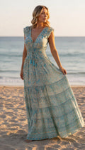 Blue Boho Maxi Dress for Women, Paisley Summer Dress, Flowy Beach Dress, Smocked Waist Bohemian Dress, Resort Vacation Maxi Dress, Silk Boho