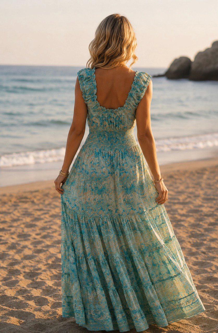 Blue Boho Maxi Dress for Women, Paisley Summer Dress, Flowy Beach Dress, Smocked Waist Bohemian Dress, Resort Vacation Maxi Dress, Silk Boho