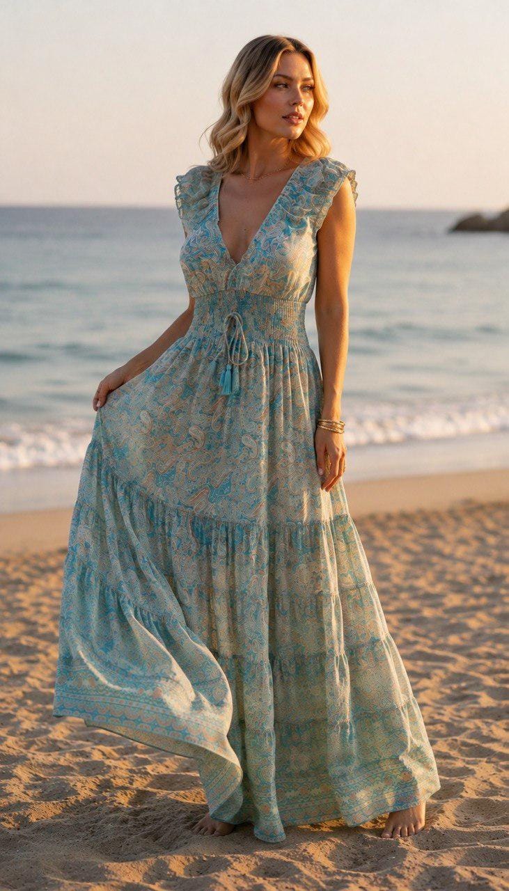 Blue Boho Maxi Dress for Women, Paisley Summer Dress, Flowy Beach Dress, Smocked Waist Bohemian Dress, Resort Vacation Maxi Dress, Silk Boho