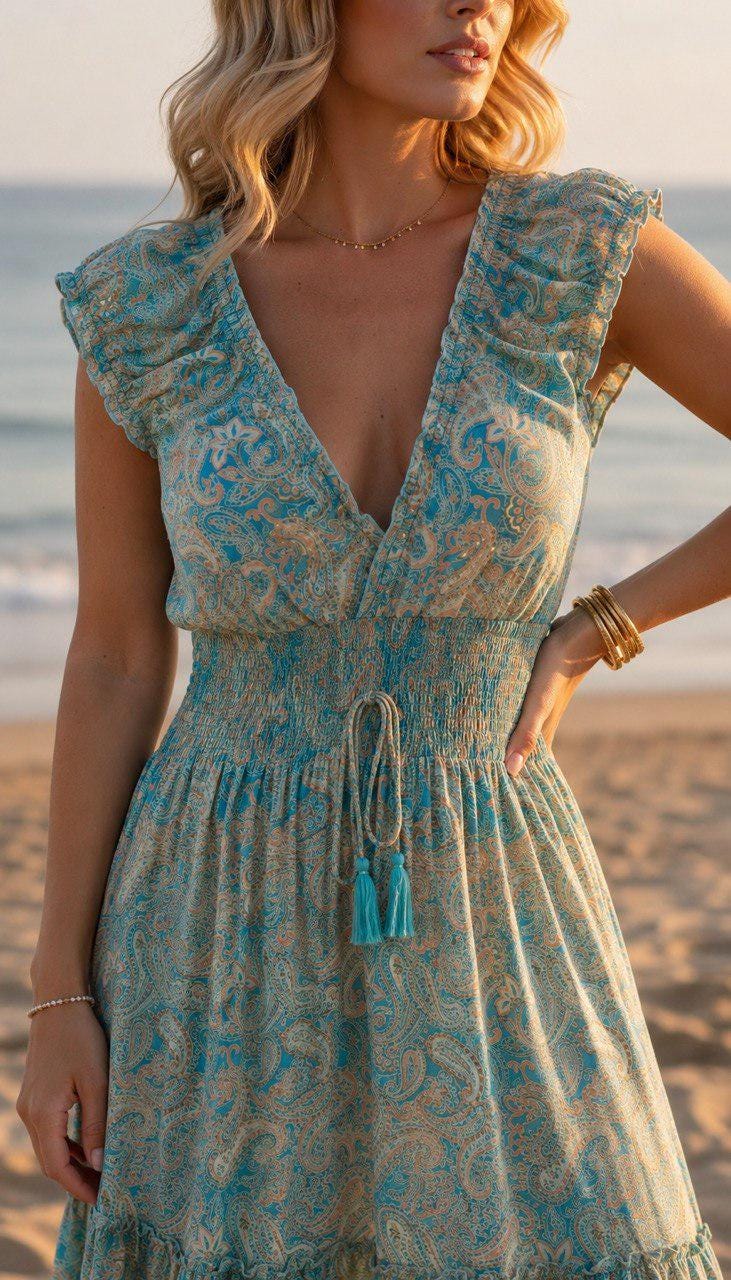 Blue Boho Maxi Dress for Women, Paisley Summer Dress, Flowy Beach Dress, Smocked Waist Bohemian Dress, Resort Vacation Maxi Dress, Silk Boho