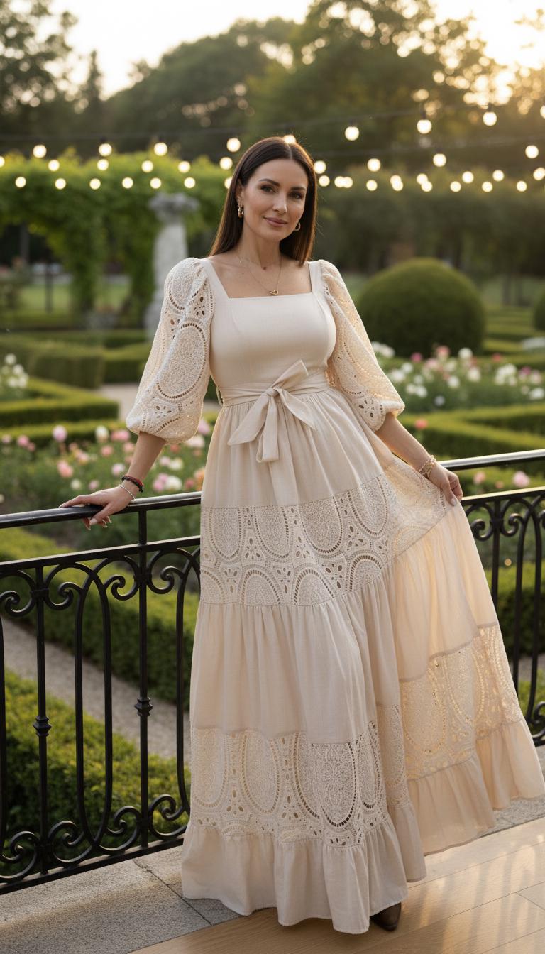 Boho Lace Maxi Dress, Cottagecore Dress, Beige Bohemian Dress, Puff Sleeve Maxi Dress, Romantic Summer Dress, Wedding Guest Dress