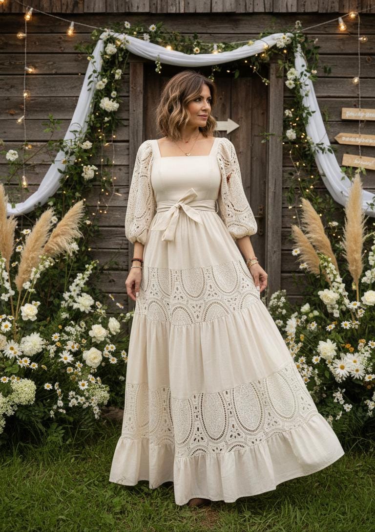 Boho Lace Maxi Dress, Cottagecore Dress, Beige Bohemian Dress, Puff Sleeve Maxi Dress, Romantic Summer Dress, Wedding Guest Dress