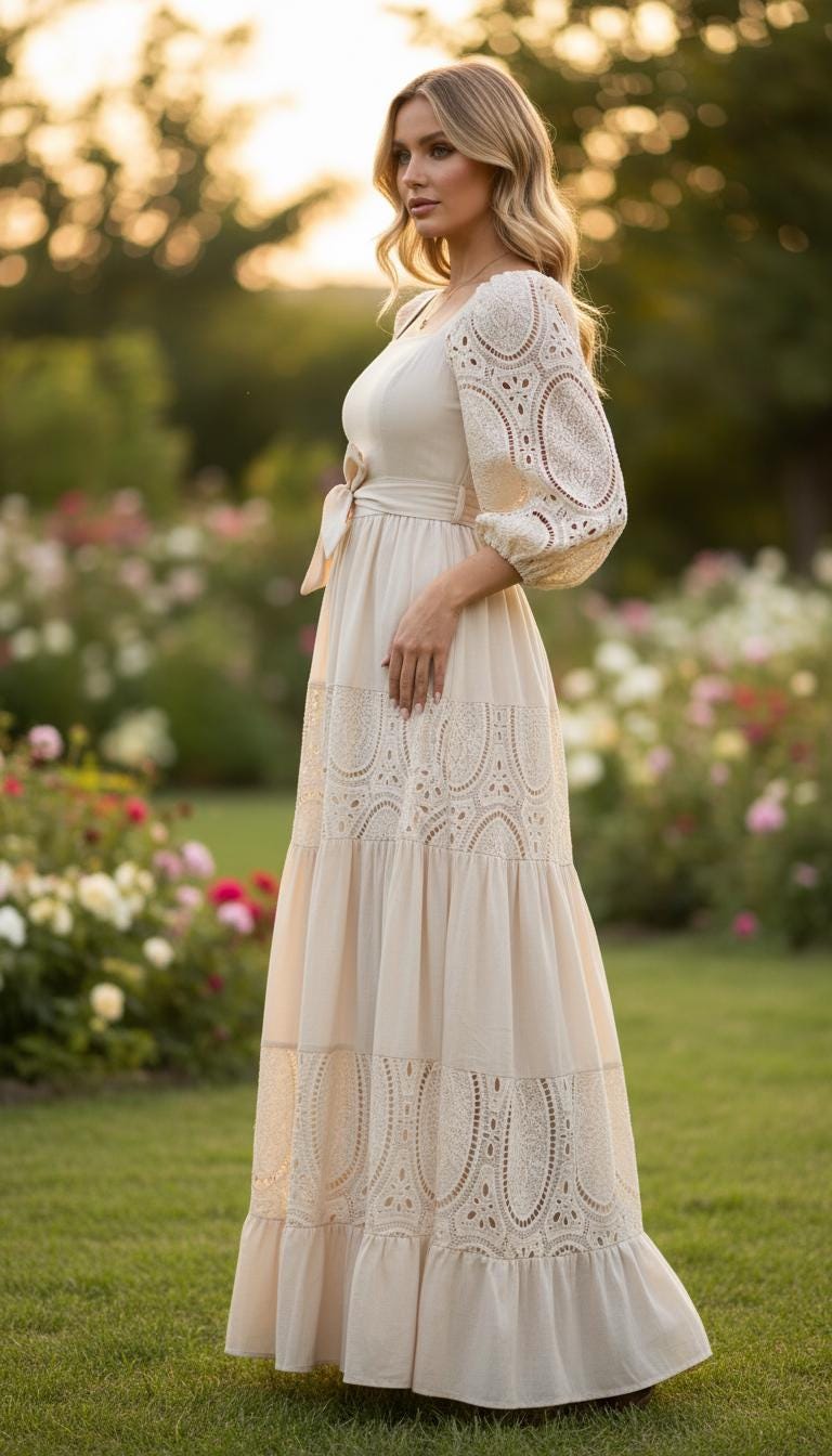 Boho Lace Maxi Dress, Cottagecore Dress, Beige Bohemian Dress, Puff Sleeve Maxi Dress, Romantic Summer Dress, Wedding Guest Dress