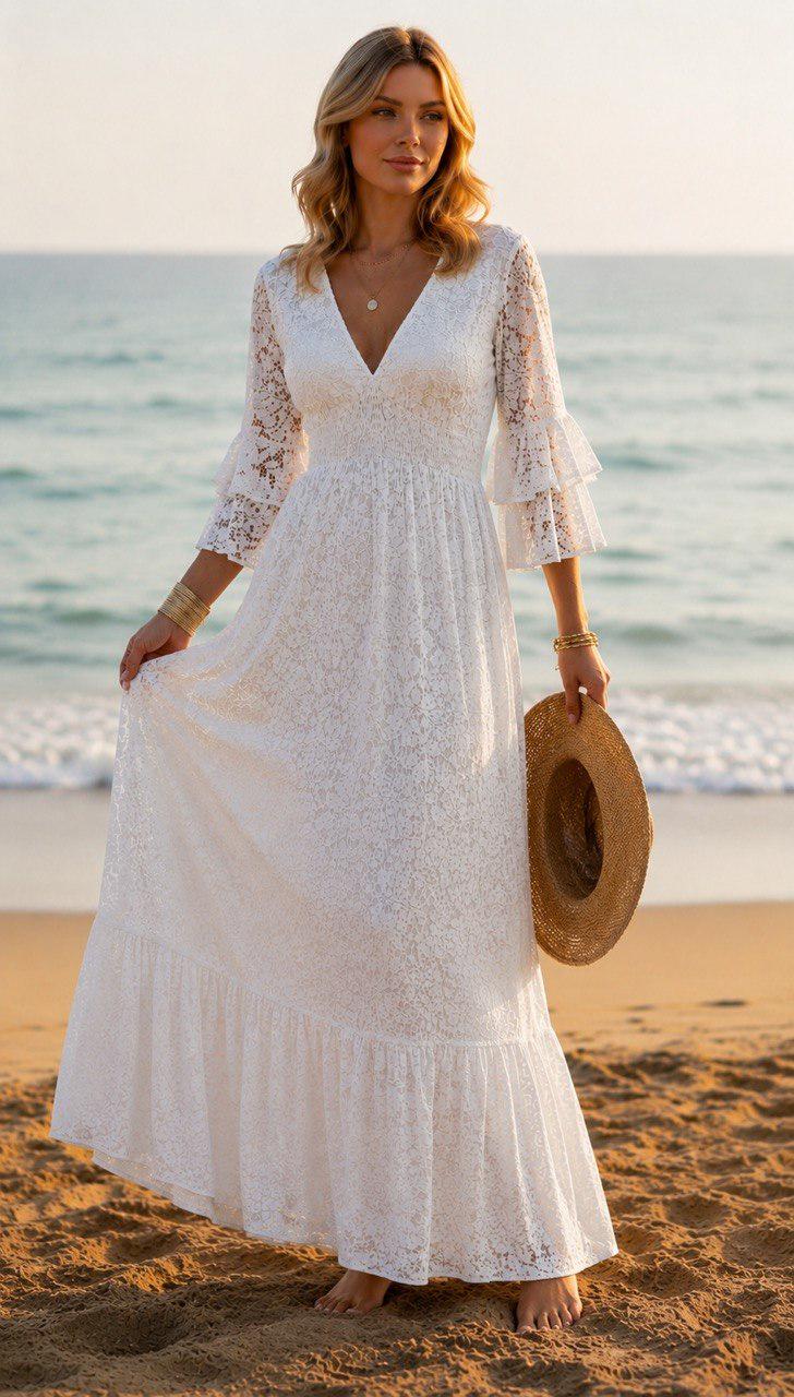 Elegant White Lace Maxi Dress, Boho Wedding Guest Dress, Romantic V-neck Dress, Cottagecore Summer Dress.
