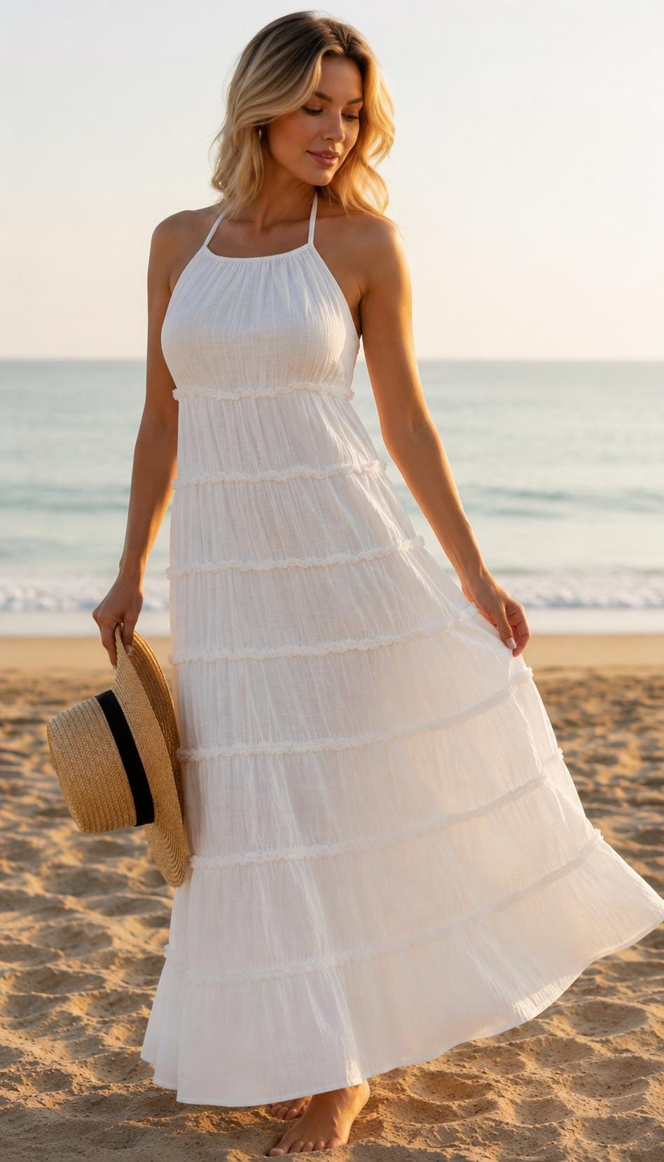 White Boho Maxi Dress, Beach Vacation Dress, Halter Summer Dress, Resort Wear, Flowy White Dress, Honeymoon Dress, Bohemian Maxi Dress.