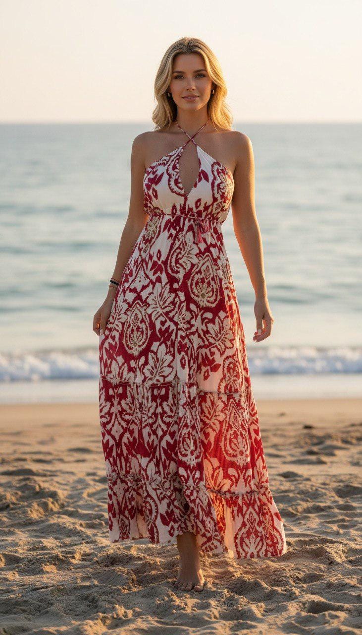 Red & White Boho Maxi Dress, Halter Beach Dress, Summer Vacation Dress, Floral Print Maxi, Resort Wear, Flowy Sundress, Hippie Maxi Dress.