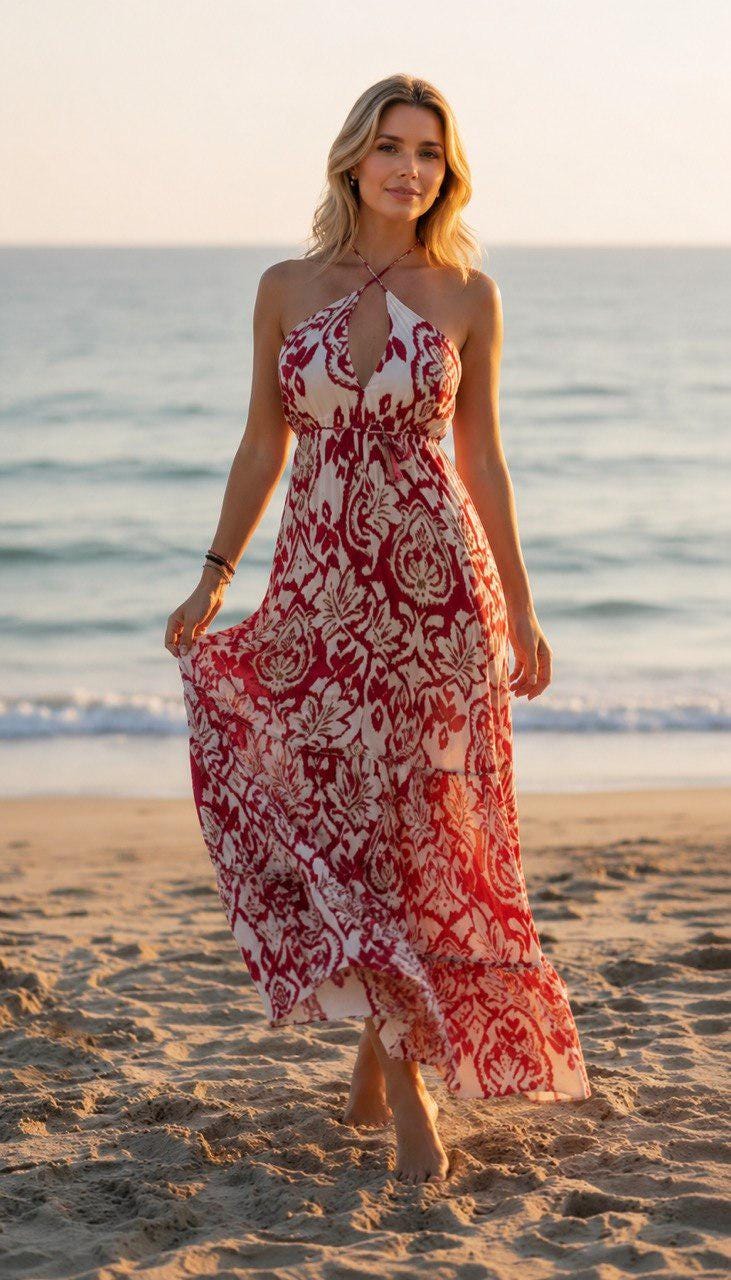 Red & White Boho Maxi Dress, Halter Beach Dress, Summer Vacation Dress, Floral Print Maxi, Resort Wear, Flowy Sundress, Hippie Maxi Dress.