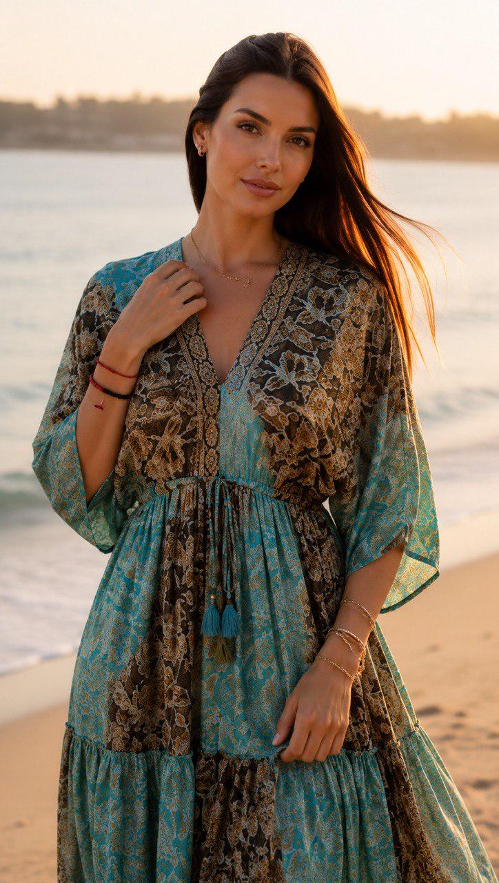Boho Silk Maxi Dress, Teal Green Floral Dress, Bohemian Summer Dress, V Neck Long Dress, Romantic Beach Dress, Flowy Goddess Dress.