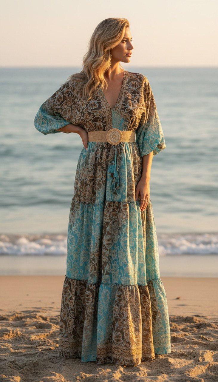 Boho Silk Maxi Dress, Teal Green Floral Dress, Bohemian Summer Dress, V Neck Long Dress, Romantic Beach Dress, Flowy Goddess Dress.