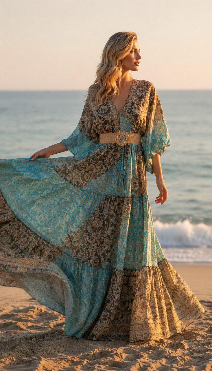 Boho Silk Maxi Dress, Teal Green Floral Dress, Bohemian Summer Dress, V Neck Long Dress, Romantic Beach Dress, Flowy Goddess Dress.