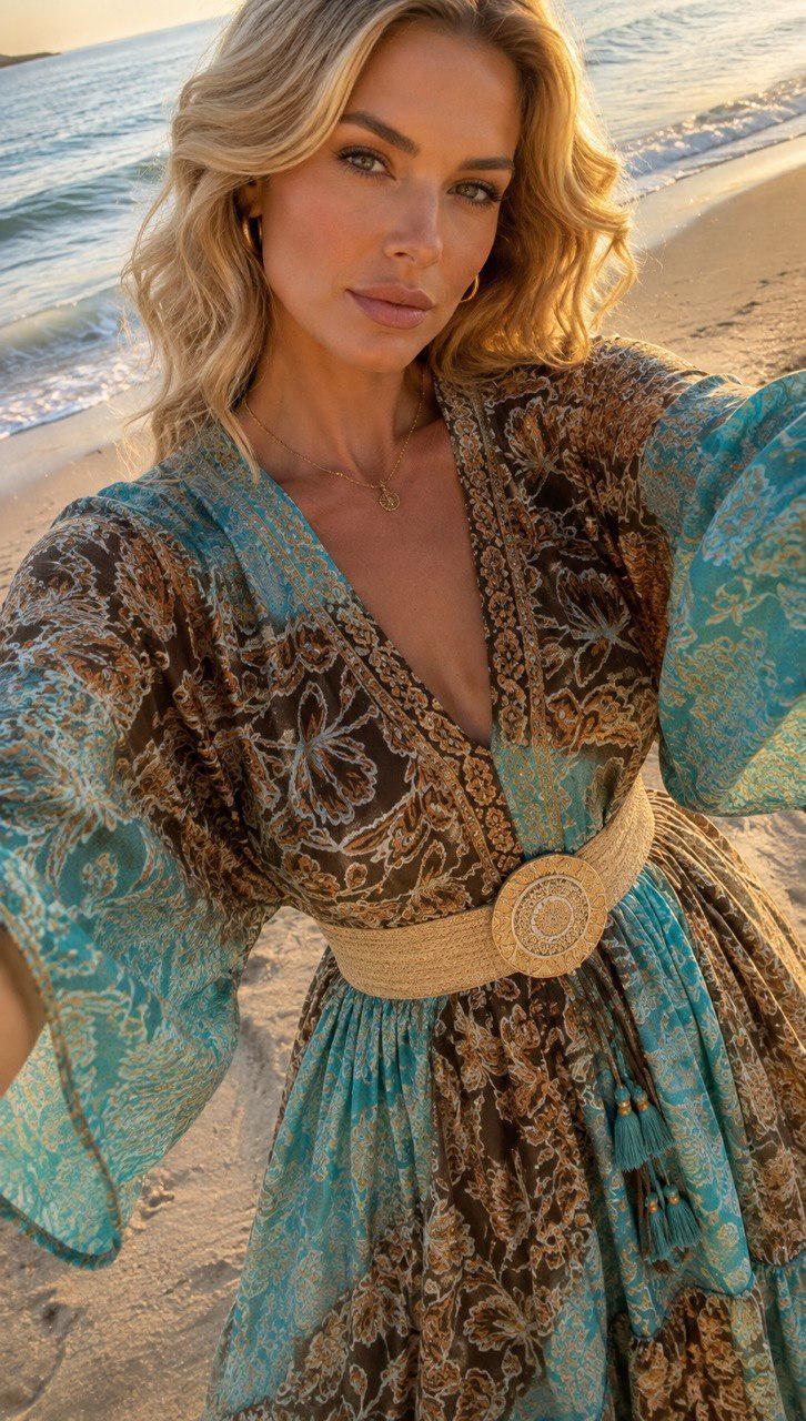 Boho Silk Maxi Dress, Teal Green Floral Dress, Bohemian Summer Dress, V Neck Long Dress, Romantic Beach Dress, Flowy Goddess Dress.
