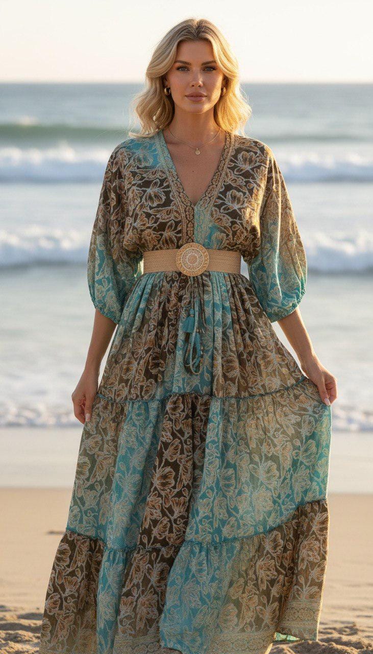 Boho Silk Maxi Dress, Teal Green Floral Dress, Bohemian Summer Dress, V Neck Long Dress, Romantic Beach Dress, Flowy Goddess Dress.