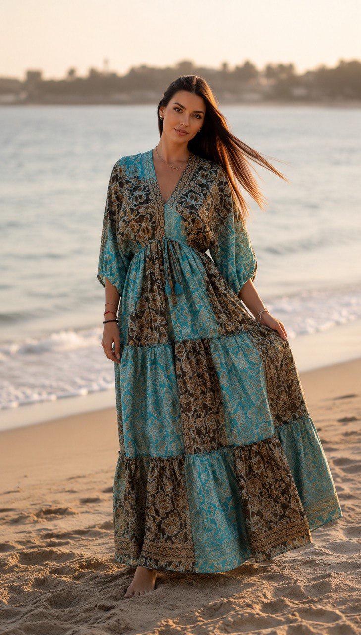 Boho Silk Maxi Dress, Teal Green Floral Dress, Bohemian Summer Dress, V Neck Long Dress, Romantic Beach Dress, Flowy Goddess Dress.