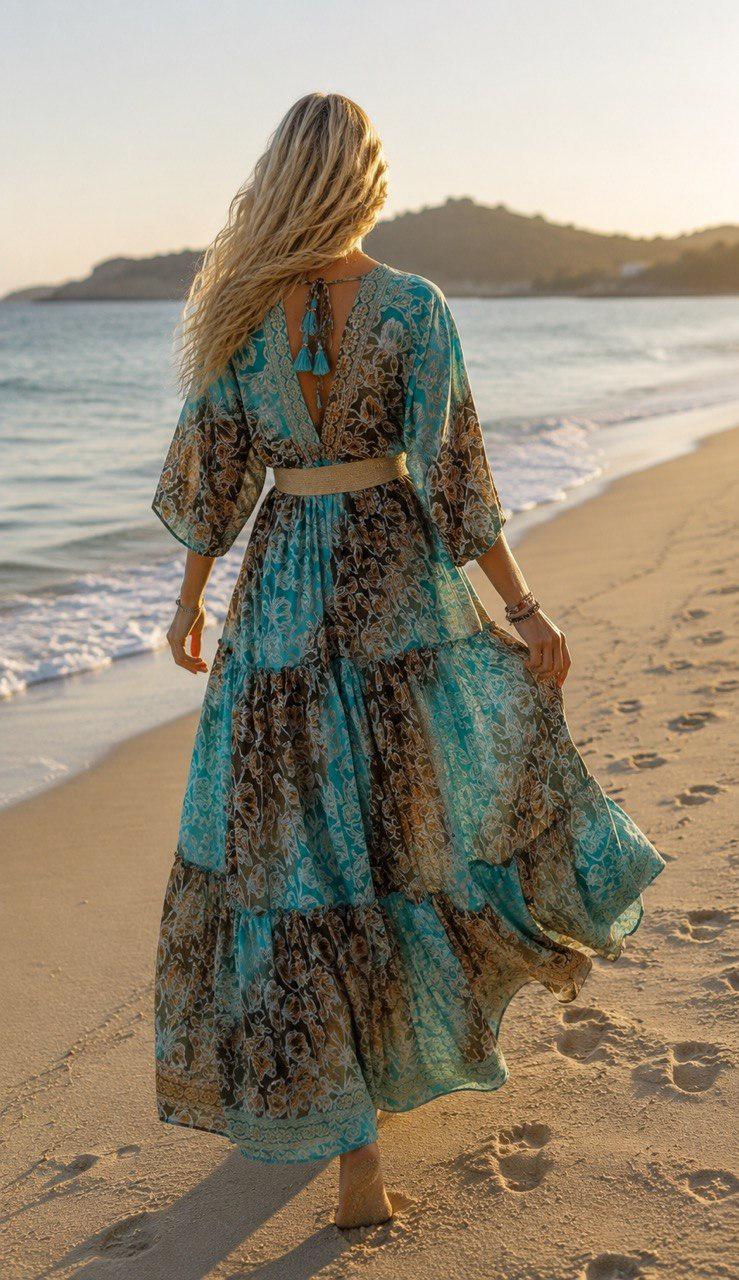 Boho Silk Maxi Dress, Teal Green Floral Dress, Bohemian Summer Dress, V Neck Long Dress, Romantic Beach Dress, Flowy Goddess Dress.