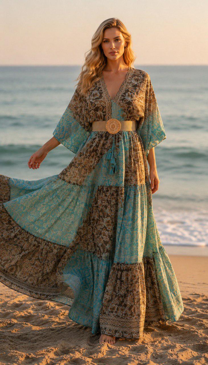 Boho Silk Maxi Dress, Teal Green Floral Dress, Bohemian Summer Dress, V Neck Long Dress, Romantic Beach Dress, Flowy Goddess Dress.