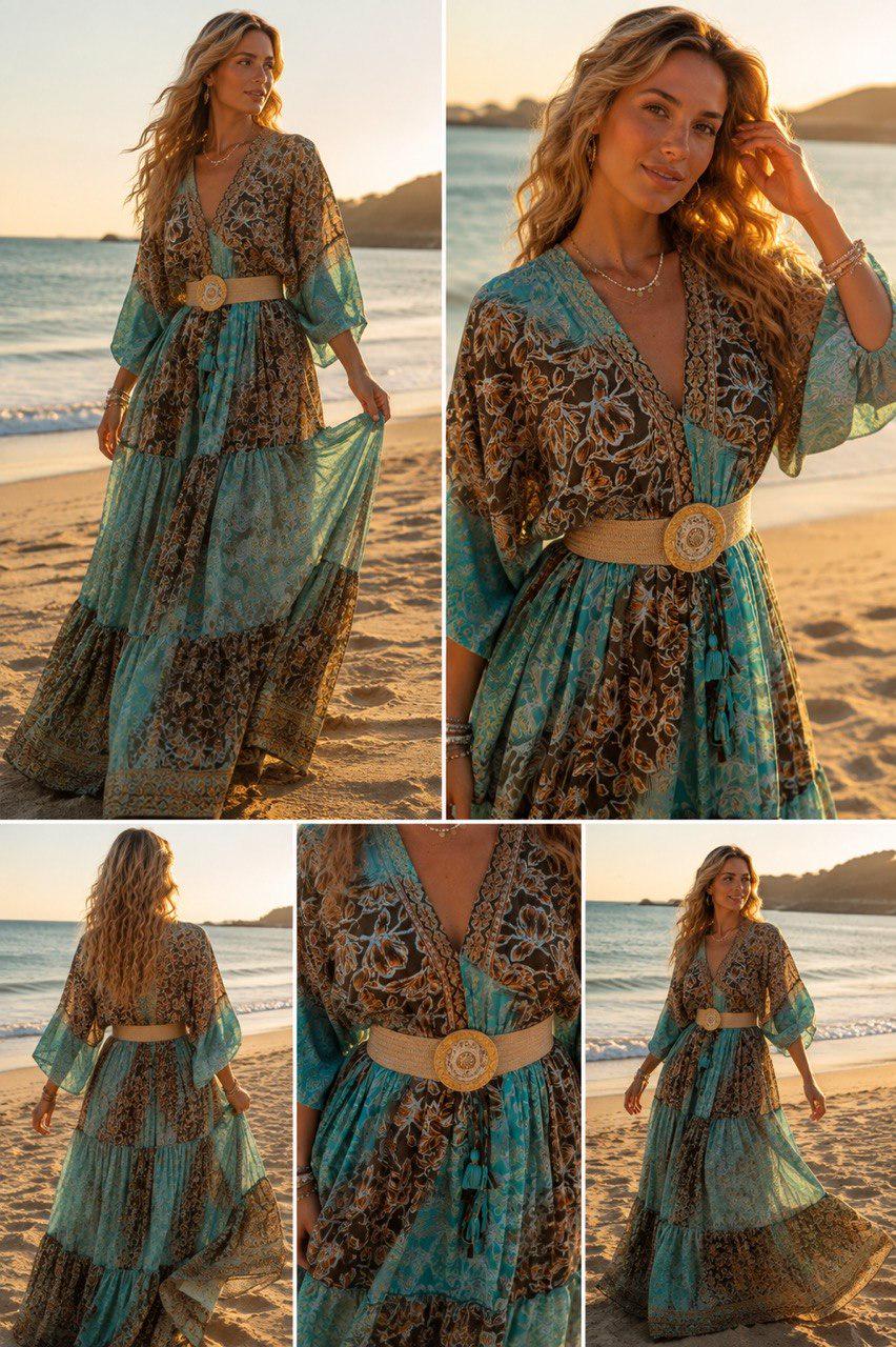 Boho Silk Maxi Dress, Teal Green Floral Dress, Bohemian Summer Dress, V Neck Long Dress, Romantic Beach Dress, Flowy Goddess Dress.