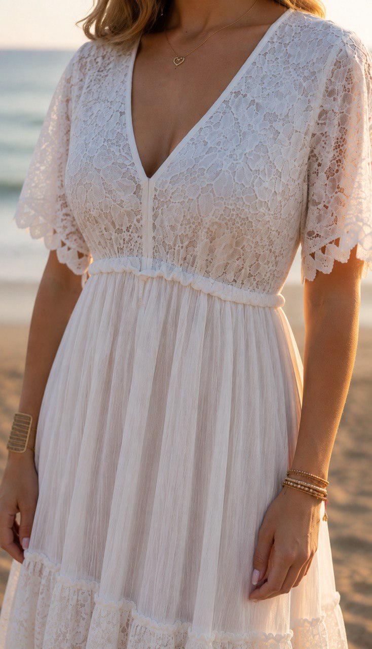 Boho Lace Midi Dress | Romantic Cottagecore Dress | Flowy Summer Dress | Bohemian Wedding Guest Dress | White Beige Black Green Dress.