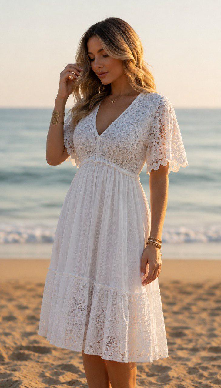 Boho Lace Midi Dress | Romantic Cottagecore Dress | Flowy Summer Dress | Bohemian Wedding Guest Dress | White Beige Black Green Dress.