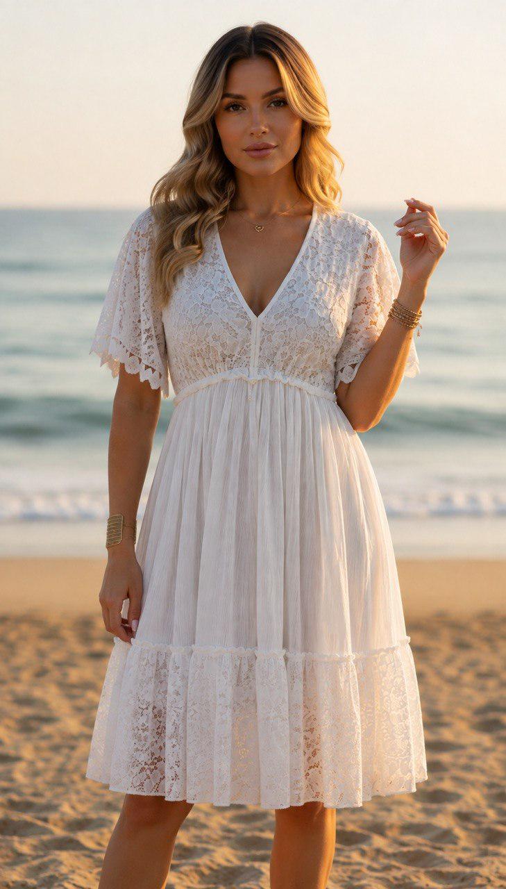 Black Boho Mini Dress, Lace V Neck Summer Dress, Romantic Bohemian Party Dress, Flowy Vacation Dress, Wedding Guest Outfit.