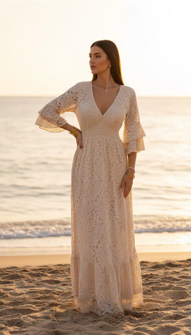 Boho Lace Maxi Dress, Cream Beach Dress, Bohemian Wedding Guest Dress, V Neck Long Dress, Flowy Summer Dress, Resort Wear, Bridal Shower.
