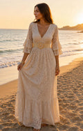 Boho Lace Maxi Dress, Cream Beach Dress, Bohemian Wedding Guest Dress, V Neck Long Dress, Flowy Summer Dress, Resort Wear, Bridal Shower.