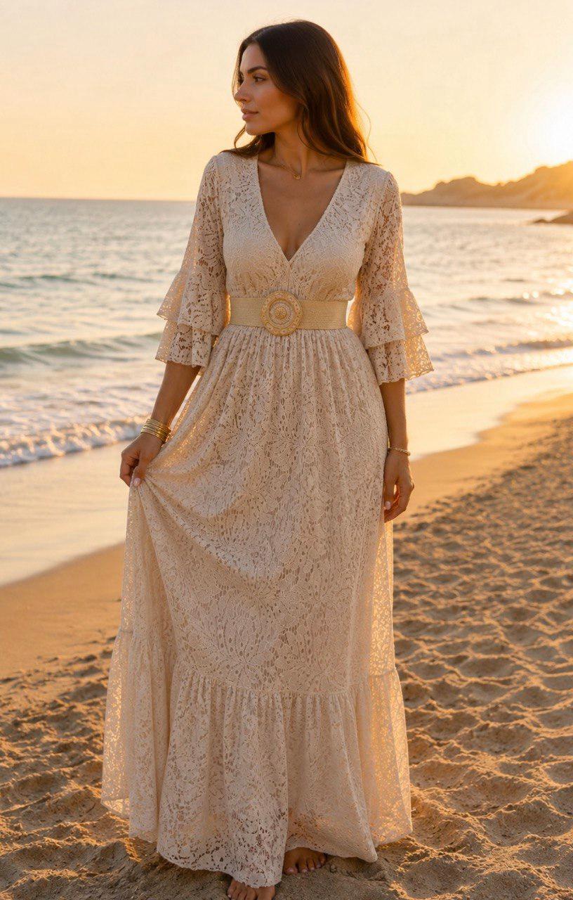 Boho Lace Maxi Dress, Cream Beach Dress, Bohemian Wedding Guest Dress, V Neck Long Dress, Flowy Summer Dress, Resort Wear, Bridal Shower.