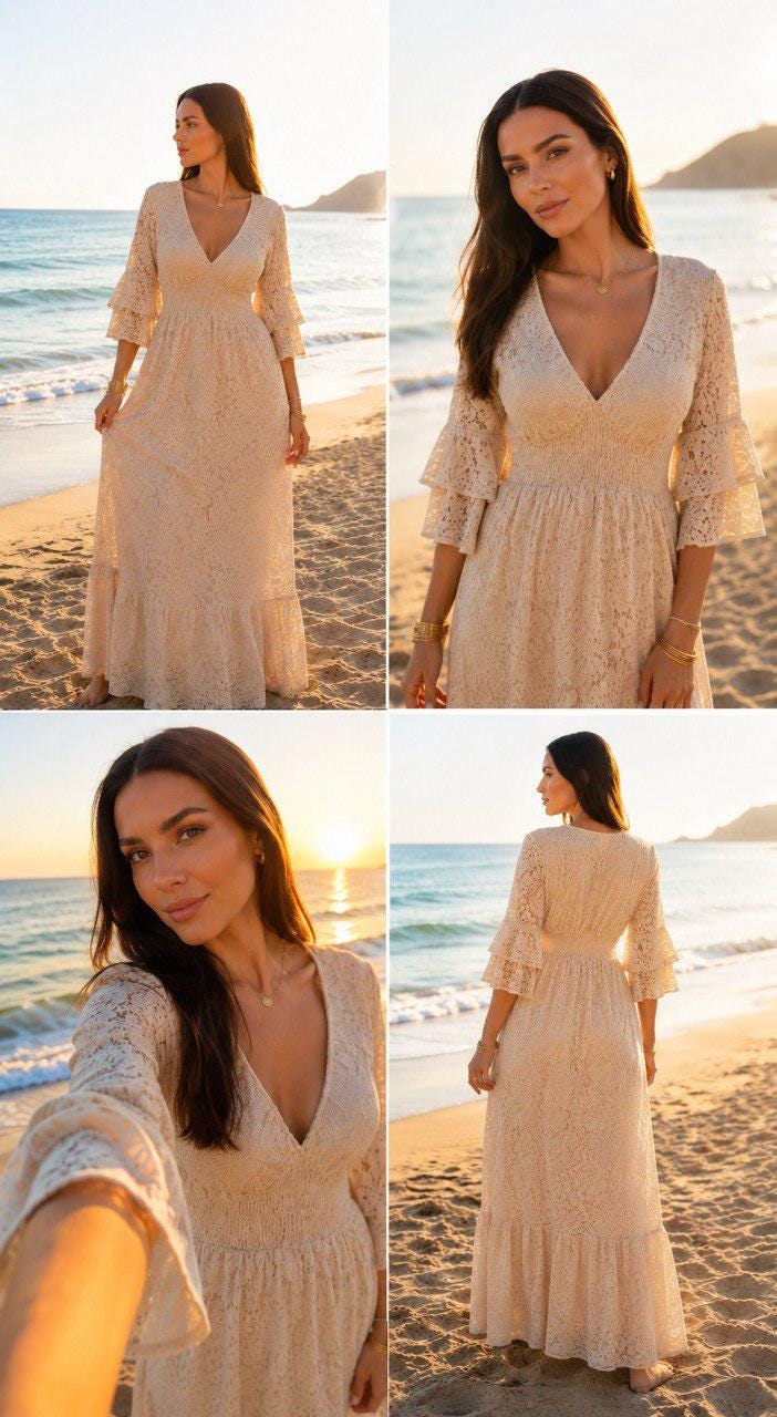 Boho Lace Maxi Dress, Cream Beach Dress, Bohemian Wedding Guest Dress, V Neck Long Dress, Flowy Summer Dress, Resort Wear, Bridal Shower.