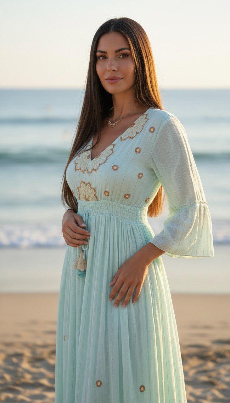 Blush Pink Boho Maxi Dress for Women, Embroidered Long Sleeve Dress, Pleated Summer Dress, Modest Wedding Guest Dress.