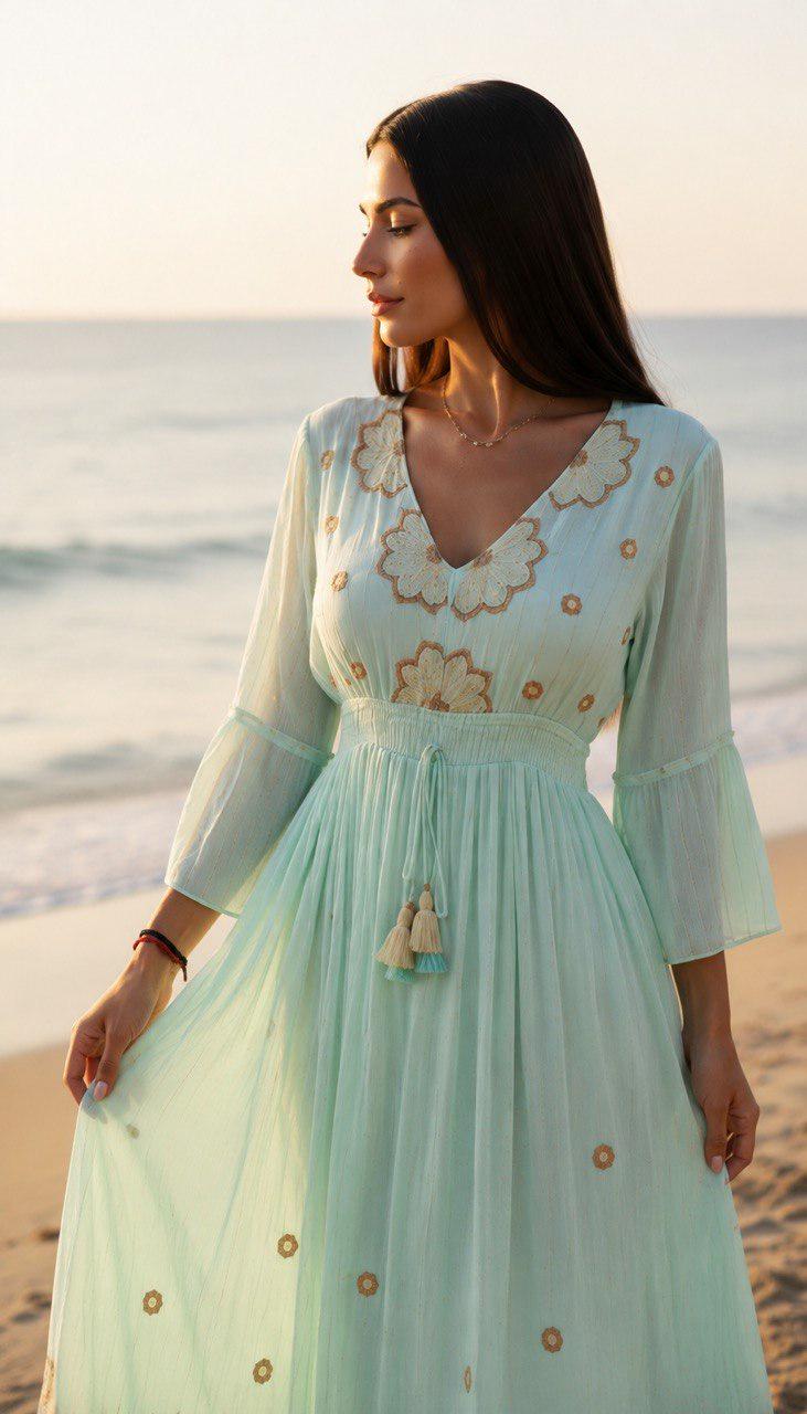 Blush Pink Boho Maxi Dress for Women, Embroidered Long Sleeve Dress, Pleated Summer Dress, Modest Wedding Guest Dress.