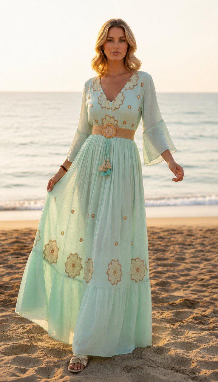 Blush Pink Boho Maxi Dress for Women, Embroidered Long Sleeve Dress, Pleated Summer Dress, Modest Wedding Guest Dress.