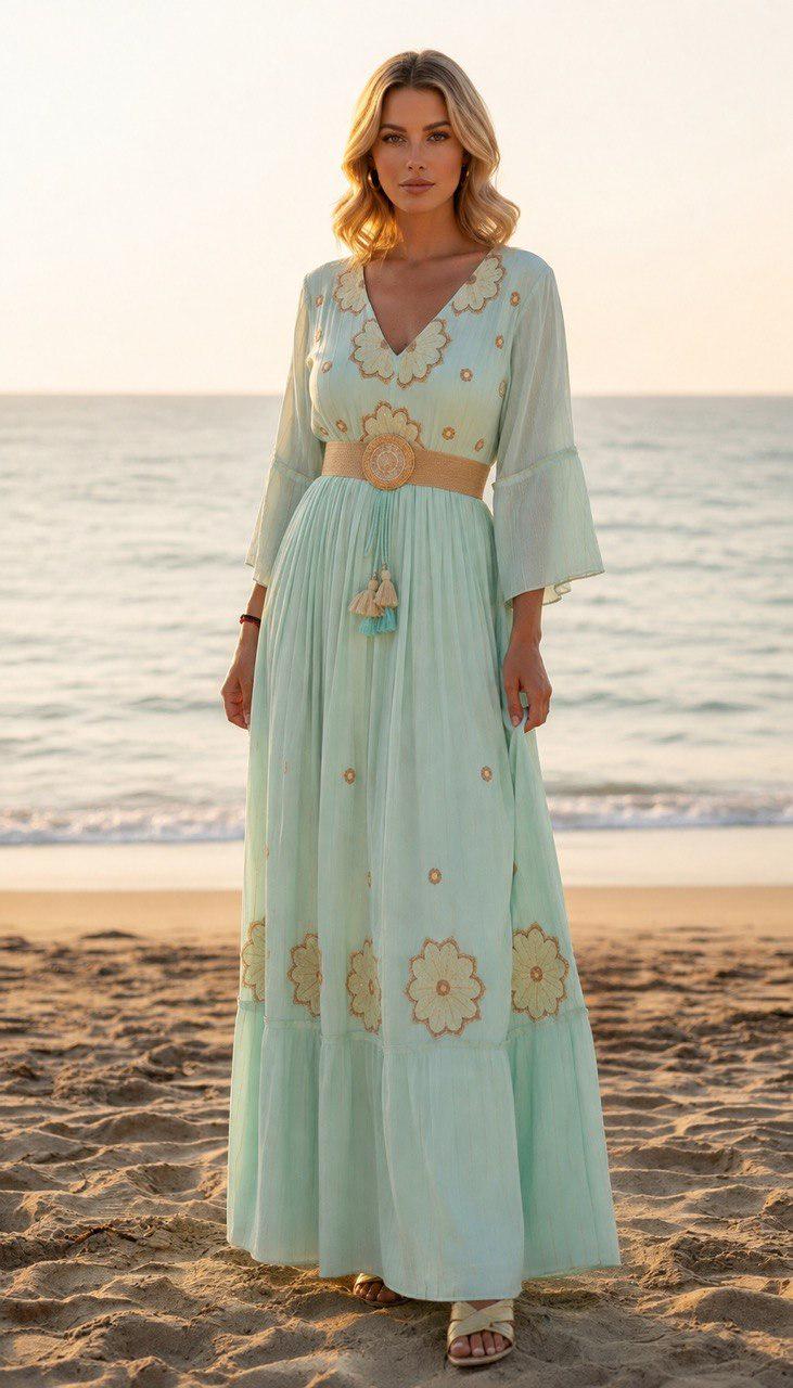 Mint Green Boho Maxi Dress, Embroidered Beach Dress, V Neck Summer Dress, Flowy Resort Wear, Bohemian Vacation Dress, Long Sleeve Maxi Dress