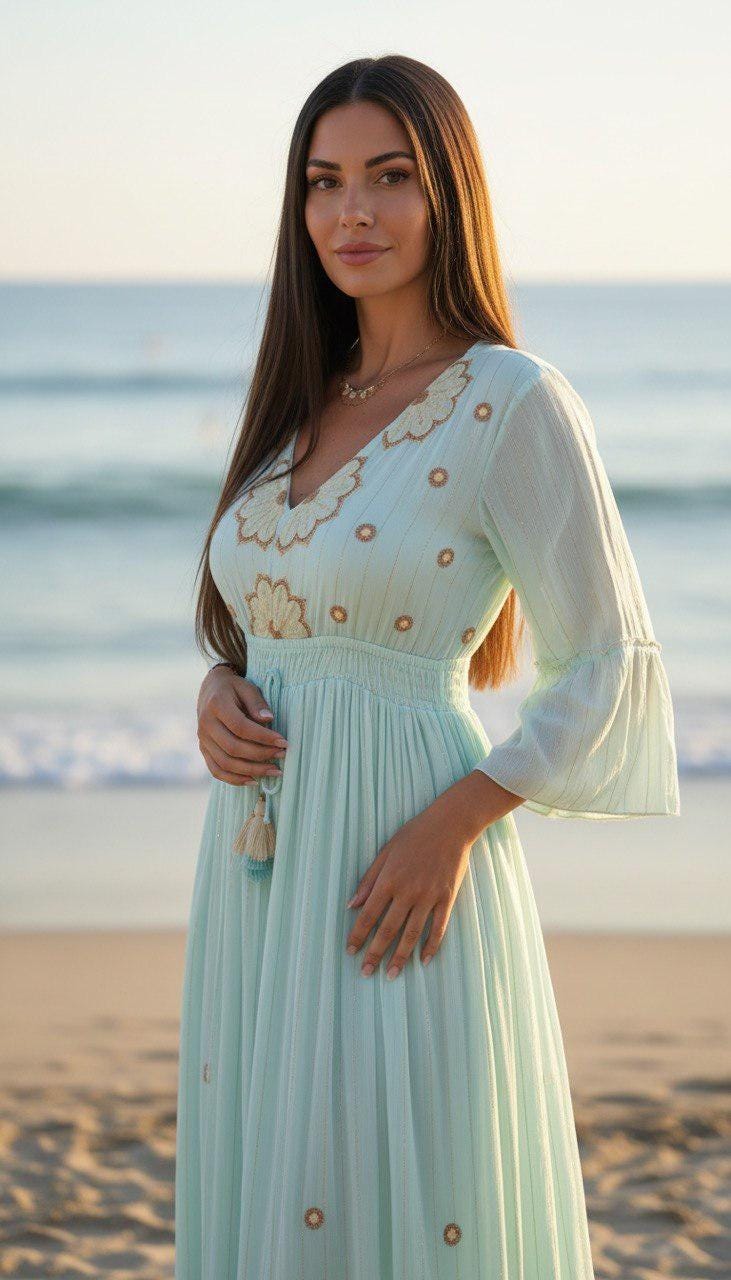 Mint Green Boho Maxi Dress, Embroidered Beach Dress, V Neck Summer Dress, Flowy Resort Wear, Bohemian Vacation Dress, Long Sleeve Maxi Dress