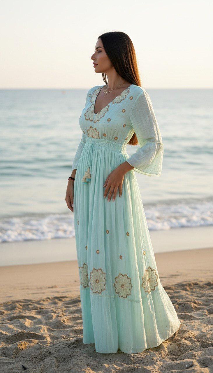 Mint Green Boho Maxi Dress, Embroidered Beach Dress, V Neck Summer Dress, Flowy Resort Wear, Bohemian Vacation Dress, Long Sleeve Maxi Dress