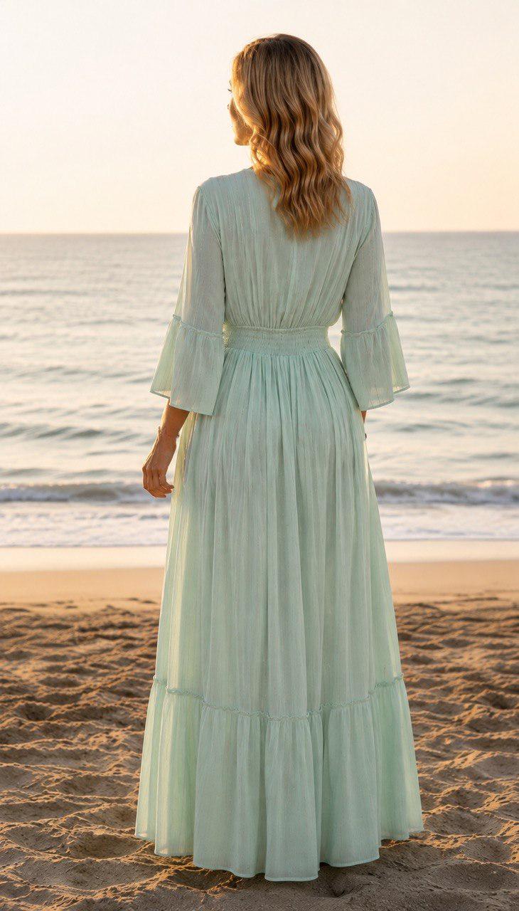 Mint Green Boho Maxi Dress, Embroidered Beach Dress, V Neck Summer Dress, Flowy Resort Wear, Bohemian Vacation Dress, Long Sleeve Maxi Dress