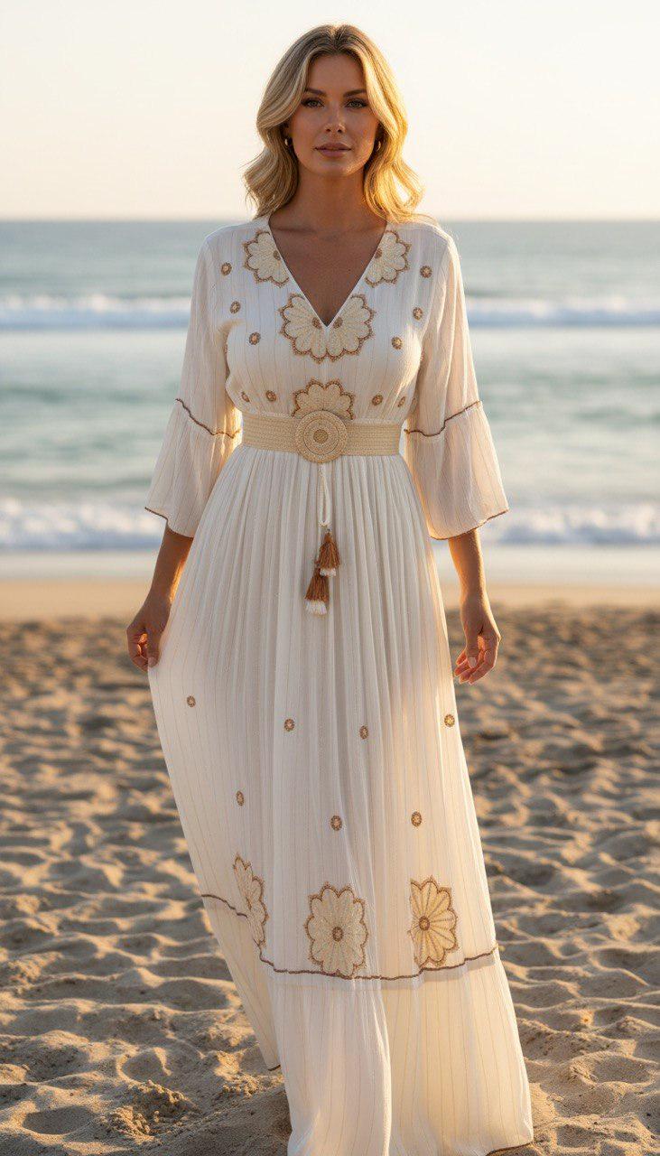 Boho White Maxi Dress for Women, Embroidered Beach Dress, Summer Vacation Dress, Cottagecore Long Dress, Resort Wear Gift.