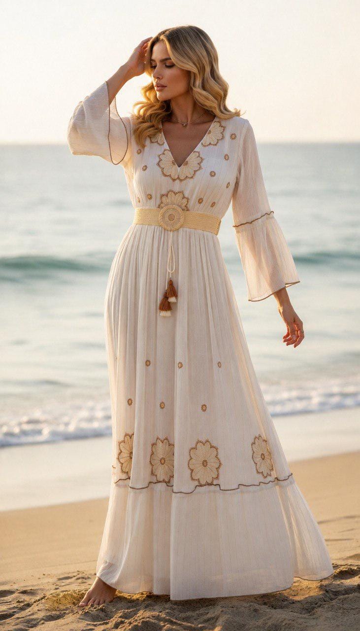 Boho White Maxi Dress for Women, Embroidered Beach Dress, Summer Vacation Dress, Cottagecore Long Dress, Resort Wear Gift.