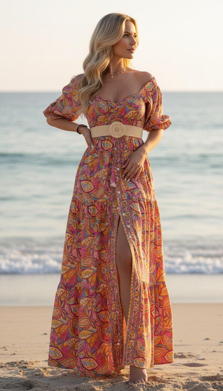 Boho off Shoulder Maxi Dress for Women, Orange Floral Bohemian Dress, Summer Vacation Dress, Wedding Guest Maxi Dress, Silk Boho Dress.